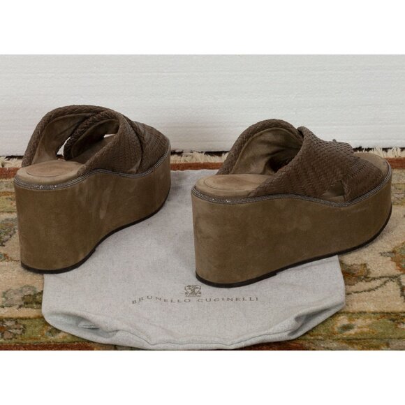 $1550 BRUNELLO CUCINELLI WOVEN LEATHER BROWN PLATFORM SANDALS WITH MONILI 37 - Picture 7 of 10
